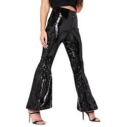 Duohropke Damen Schlaghose mit Pailletten Damen Karneval Hosen Glänzend Wetlook Metallic Cargohose Leggings Silber Metallic Damen Glitzer Hose Silber Metallic Damen High Waist Schlaghose Party von Duohropke