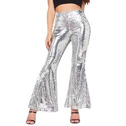 Duohropke Damen Schlaghose mit Pailletten Damen Karneval Hosen Glänzend Wetlook Metallic Cargohose Leggings Silber Metallic Damen Glitzer Hose Silber Metallic Damen High Waist Schlaghose Party von Duohropke