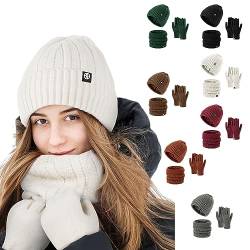 Duohropke Damen Winter Warm Beanie Mütze Touchscreen Handschuhe und Lange Schal Set mit Fleece Gefütterte Strickmütze Winterschal Winterhandschuhe von Duohropke