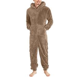 Duohropke Herren Jumpsuit Teddy Fleece Schlafanzug Einteiler Winter Warm Onesie Kuschelig Overall Flauschig Hausanzug Lang Schlafoverall Weich Pyjama Schlafanzug mit Kapuze & Reißverschluss von Duohropke