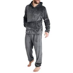 Duohropke Herren Schlafanzug Flanell Hausanzug Winter Pyjama Set Lang Zweiteiliger Schlafanzug mit Kapuze von Duohropke