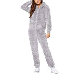 Duohropke Jumpsuit Damen Kuschelig Warm Hoodie Jumpsuits Overall Teddy Fleece Schlafanzug Plüsch Overall Lang Pyjama Thermo Gefüttert Winteranzug Weich Pyjama Schlafanzug mit Kapuze von Duohropke