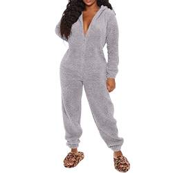 Duohropke Jumpsuit Damen Winter Warm Overall Teddy Fleece Einteiler Onesie Schlafanzug Kuschelig Lang Pyjama Flauschig Weich Hausanzug Einfarbig Schlafoverall mit Kapuze Reißverschluss Homewear von Duohropke