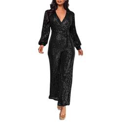 Duohropke Overall Damen Jumpsuit V-Ausschnitt Langarm Elegant Bodysuit mit Gürtel Sexy Abendkleid Butt Pailletten Eng Einteiler Hohe Taille Playsuit Leistungskleidung von Duohropke