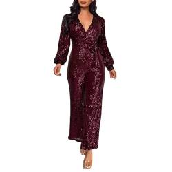 Duohropke Overall Damen Jumpsuit V-Ausschnitt Langarm Elegant Bodysuit mit Gürtel Sexy Abendkleid Butt Pailletten Eng Einteiler Hohe Taille Playsuit Leistungskleidung von Duohropke