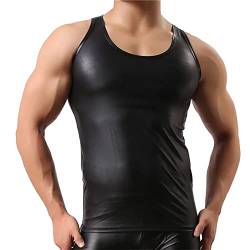 Herren Shirt Muskelshirt Tank Top ohne Arm Leder Lack Latex Optik Schwarz Männer Unterwäsche Stretch Hemd Tops Clubwear Guywear Gogo Swingerclub Freizeithemd Sommer Muskel Top Vinyl Oberteil von Duohropke