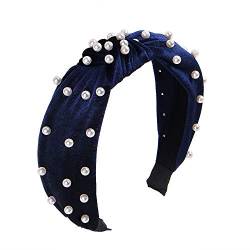 Stirnbänder für Frauen Haarreif mit Perlenknoten,Stirnband aus Samtperlen,Breite 6cm Haarreifen Vintage Turban,Bling-Haarnadeln,Elastische Haaraccessoires Kopfbedeckung für Damen Mädchen,Navy blau von Duories