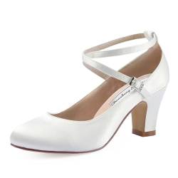 Duosheng & Elegant Brautschuhe Geschlossene Ivory Krause Riemchen Blockabsatz Pumps für Damen HC1808 Satin Hochzeit Abend Ivory Gr. 40 von Duosheng & Elegant