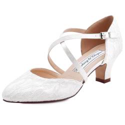 Duosheng & Elegant Geschlossene Zehen HC1920 Kreuz Bände Brautschuhe Schnalle für Damen Absatz Hochzeit Braut Spitze Schuhe mit Lace Ivory Gr. 38 von Duosheng & Elegant