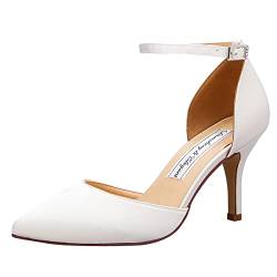 Duosheng & Elegant High Heel Pumps Satin Ankle Strap Riemchen Hoch Spitze Zehen Satin Partei Abendschuhe Hochzeitsschuhe Brautschuhe Ivory Gr. 40 von Duosheng & Elegant