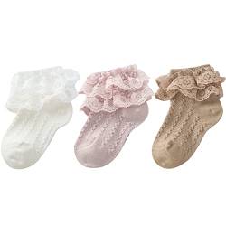 Durio Baby Mädchen Socken Elastisch Söckchen Rüschen Spitze Taufe Socken für Neugeborene Kleinkind Mädchen Kinder 3 Paar Weiß Dunkelrosa Braun 3-12 Monate von Durio