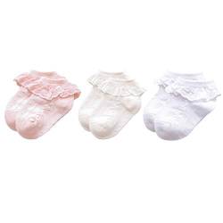 Durio Baby Mädchen Socken mit Rüschen Babysocken Baumwolle Spitze Taufe Socken Kleinkinder knochenlose Prinzessin Socken 3er Set Weiß Beige u. Pink 0-12 Monate von Durio