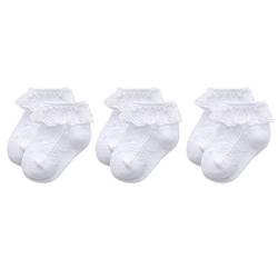 Durio Baby Mädchen Socken mit Rüschen Babysocken Baumwolle Spitze Taufe Socken Ösen Kleid Socken Söckchen für Baby Kleinkind 3 Paar Weiß 1-3 Jahre von Durio
