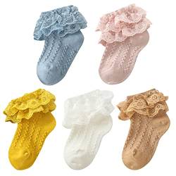 Durio Baby Mädchen Socken mit Rüschen Babysocken Baumwolle Spitze Taufe Socken Ösen Kleid Socken Söckchen für Baby Kleinkind 5 Paar-Braun Weiß Gelb Blau u. Hellpink 1-3 Jahre von Durio