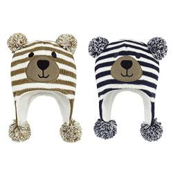 Durio Baby Mütze Wintermütze Kleinkind Kinder Mädchen Jungen Earflap Beanie Warm Strickmütze mit Bommel 2er Set Kaffee u. Navy 6-12 Monate (Tag Size S) von Durio