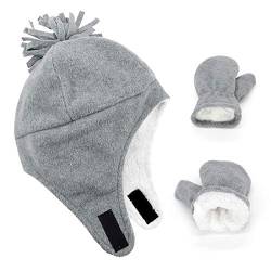 Durio Baby Mütze und Handschuhe Set Junge Wintermütze und Fäustlinge Warmes Gefütterte Fleece Mütze Kappen Ohrenklappe Kleinkind Kinder Mädchen Hellgrau 1-2 Jahre von Durio