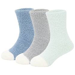 Durio Baby Socken Winter Warme Kuschelsocken Kindersocken Flauschige Stoppersocken Fleece Socken Thermosocken für Kleinkind Mädchen Jungen 3 Paare Grün Grau u. Blau 4-10 Jahre von Durio