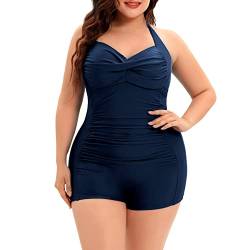 Durio Badeanzug Damen Große Größe Einteiliger Monokinis Bauchweg Bademode Swimsuit Strandmode Neckholder Push Up Twist Front Navy Blau 48-50 (Tag Size 4XL) von Durio