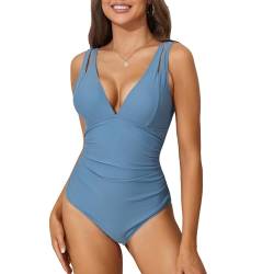 Durio Badeanzug Damen Sexy V Ausschnitt Triangel Ausgeschnittene Breite Schulterträger Wickeloptik U-förmiger rückenfreier Bauchweg Einteilige Bademode Swimsuit Blau L von Durio