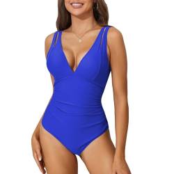 Durio Badeanzug Damen Sexy V Ausschnitt Triangel Ausgeschnittene Breite Schulterträger Wickeloptik U-förmiger rückenfreier Bauchweg Einteilige Bademode Swimsuit Saphirblau S von Durio