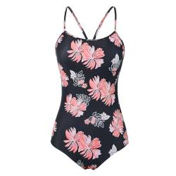 Durio Badeanzug Damen Sport Einteilige Badeanzug Damen Bauchweg Push Up Sportbadeanzug Swimsuit Bademode mit Cups Rosa Blumen 38 (Tag Size M) von Durio