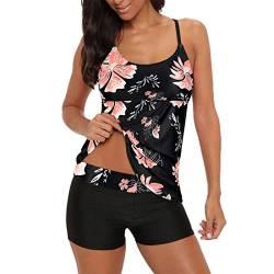 Durio Badeanzug Damen Tankini Bauchweg Bademode Set Zweiteilig mit Badehose Badeanzüge Push Up Rosa Blumen 46(Tag Size 3XL) von Durio