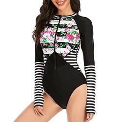 Durio Badeanzug Damen Wetsuit Sport Rash Guard Langarm Surfanzug Reißverschluss Swimwear Blumen u. Streifen 40-42 von Durio