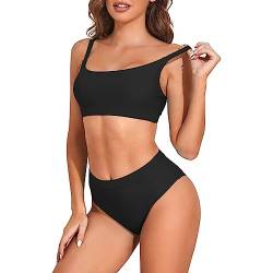 Durio Bikini Damen Bikini Set Zweiteiliger Badeanzug Bikini mit Hotpants Träger Oberteil Bikinihose Schwarz 1 38-40 von Durio