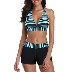 Durio Bikini Damen Bikini Set Zweiteiliger Badeanzug Bikini mit Hotpants Träger Oberteil Bikinihose Schwarz Blau gestreift 38 von Durio