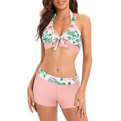 Durio Bikini Damen Push Up Hohe Taille Zweiteiliger Bademode Neckholder Träger Oberteil Mit Badeshorts Strandmode Pink Blumen40-42 (Tag Size L) von Durio