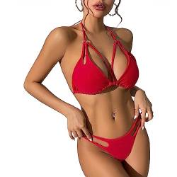 Durio Bikini Damen Push up Sexy 2tlg Bikini Damen Set mit Triangel Bikinihose Breit von Körpchen Verstellbar Rot1 38-40 von Durio