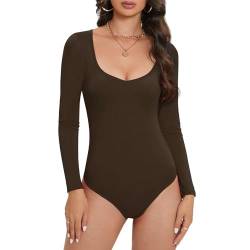 Durio Body Damen Elegant Body Langarm V-Ausschnitt Bodysuit Women Sexy Schlankmachender Oberteil Body Braun L von Durio