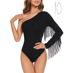 Durio Body Damen Elegant Bodysuit Women Sexy Langarm Sheer Oberteil mit Quasten Festival Party Outfit Damen Bodysuit+Ohrringe Schwarz Silber L von Durio