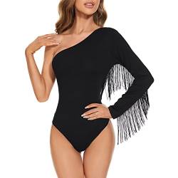 Durio Body Damen Elegant Bodysuit Women Sexy Langarm Sheer Oberteil mit Quasten Festival Party Outfit Damen Schwarz L von Durio