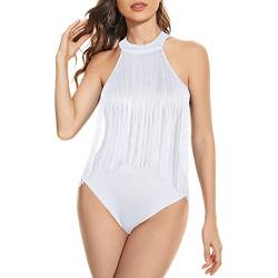 Durio Body Damen Elegant Sexy Ärmellos Bodysuit Oberteil Overall Rundhals Body Quastenbesatz Weiß 36 (Tag Size S) von Durio