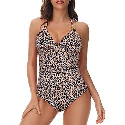 Durio Damen Badeanzug Triangel V Ausschnitt Tiefer Rückenausschnitt Figurformend Einteilige Bademode Swimsuit Sexy Leopardenmuster M von Durio