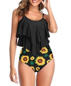Durio Damen Bikini Set Rüschen Volant High Waist Bauchweg Bademode Zweiteiliger Badeanzug Schwarze Sonnenblume 36 von Durio