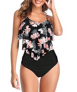 Durio Damen Bikini Set Rüschen Volant High Waist Bauchweg Bademode Zweiteiliger Badeanzug Schwarze rosa Blumen 38-40 von Durio