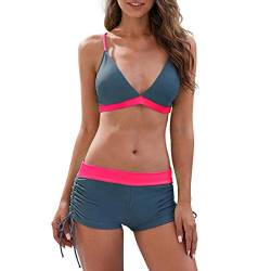 Durio Damen Bikini Set mit Hotpants Push Up BH Zweiteiliger Badeanzug Bandeau Bademode Strand Beachwear Schwimmanzug mit Badehose Grau-Pink 36 von Durio