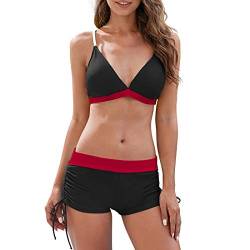 Durio Damen Bikini Set mit Hotpants Push Up BH Zweiteiliger Badeanzug Bandeau Bademode Strand Beachwear Schwimmanzug mit Badehose Schwarz-Rot 36 von Durio