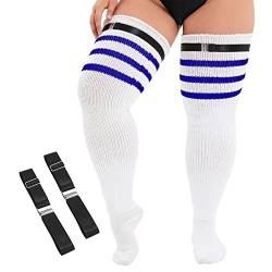 Durio Damen Große Größen Kniestrümpfe Oberschenkelhohe Socken Overknee Lange Stiefel Strümpfe Thigh High Socks Beinwärmer Weiß und blau gestreift Einheitsgröße von Durio