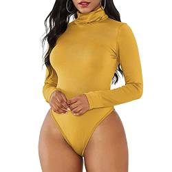 Durio Damen Langarm Body blickdichter Langarmbody mit Rollkragen Overall Bodysuit Einfarbig Jumpsuit Damenbody Gelb M von Durio