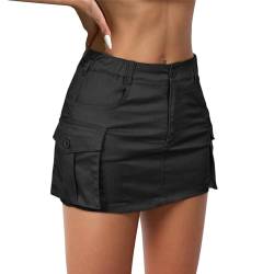Durio Damen Minirock Cargo Rock Y2K Skirt Sommer Jeansrock Hüftrock Elastisch Niedrige Taille Mit Taschen Schwarz S von Durio