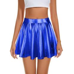 Durio Damen Rock Kurze Metallischer Faltenrock Mini Skater Rock Glitzer Rave Party Hohe Taille Elastischer Plisseerock Blau S von Durio