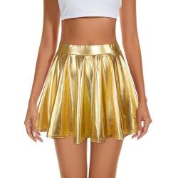 Durio Damen Rock Kurze Metallischer Faltenrock Mini Skater Rock Glitzer Rave Party Hohe Taille Elastischer Plisseerock Gold XL von Durio