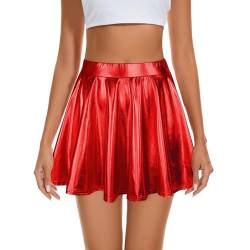 Durio Damen Rock Kurze Metallischer Faltenrock Mini Skater Rock Glitzer Rave Party Hohe Taille Elastischer Plisseerock Rot L von Durio