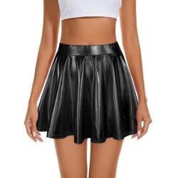 Durio Damen Rock Kurze Metallischer Faltenrock Mini Skater Rock Glitzer Rave Party Hohe Taille Elastischer Plisseerock Schwarz XL von Durio