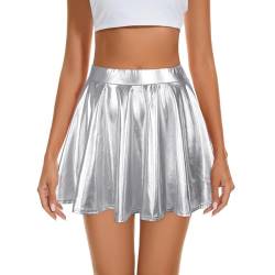 Durio Damen Rock Kurze Metallischer Faltenrock Mini Skater Rock Glitzer Rave Party Hohe Taille Elastischer Plisseerock Silber M von Durio