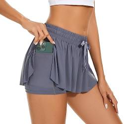 Durio Damen Shorts Kurze Hose Sommer Running Sport 2 in 1 Laufshorts Freizeit Sportshorts mit Futter und Taschen Grau 38-40 (Tag Size M) von Durio