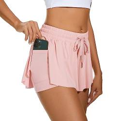 Durio Damen Shorts Kurze Hose Sommer Running Sport 2 in 1 Laufshorts Freizeit Sportshorts mit Futter und Taschen Hell-Pink 36-38 (Tag Size S) von Durio